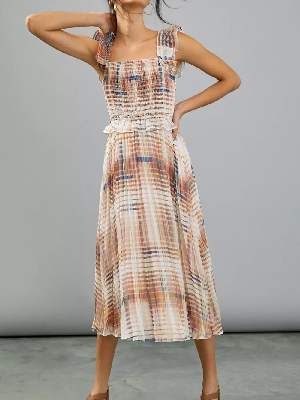 Greylin Plaid Smocked Midi Dress in Cream, Tan, Brown, Blue